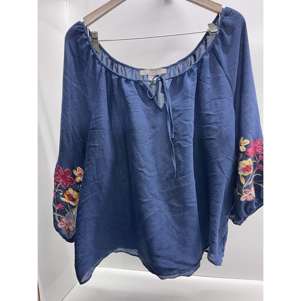 Olivia & Martin Women's Blue To Front Balloon Embroidered Sleeve Blouse Sz 3x